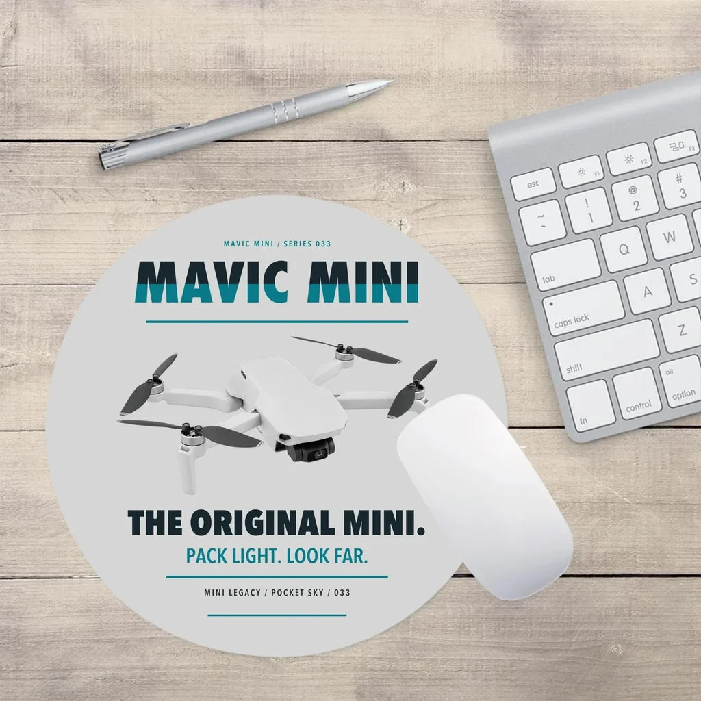 DJI Mavic Mini design on light gray round mouse pad