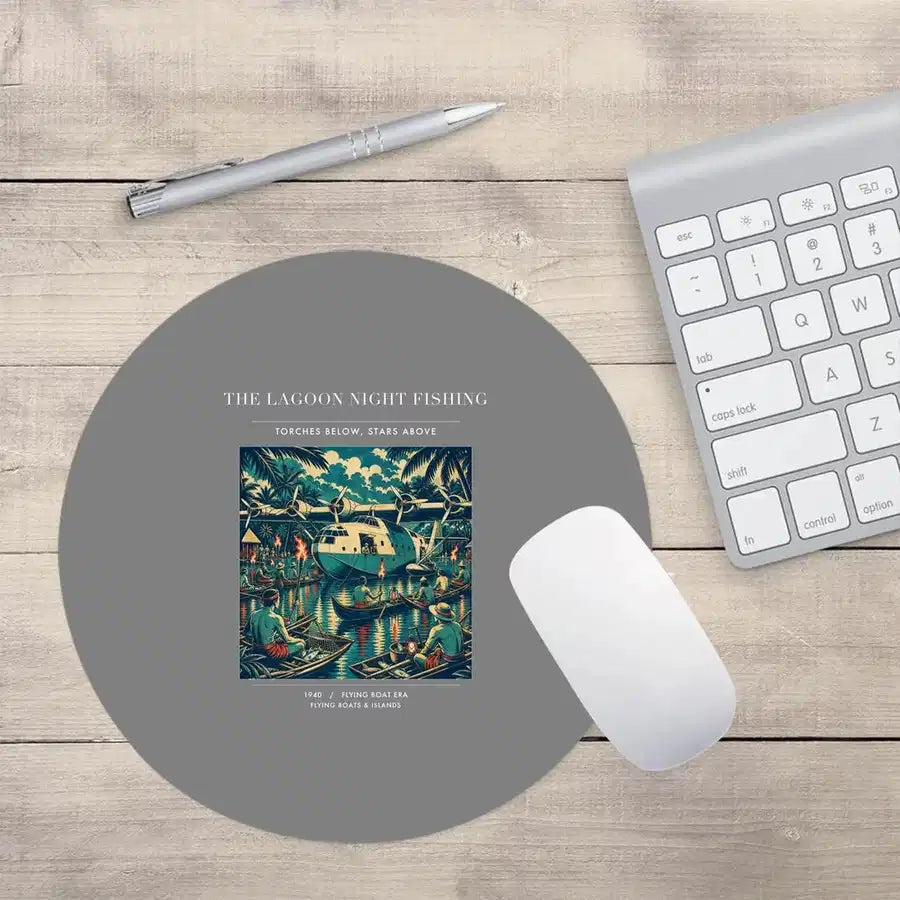 VINTAGE G4407 - The Lagoon Night Fishing - Designed Mouse Pads design on gray round