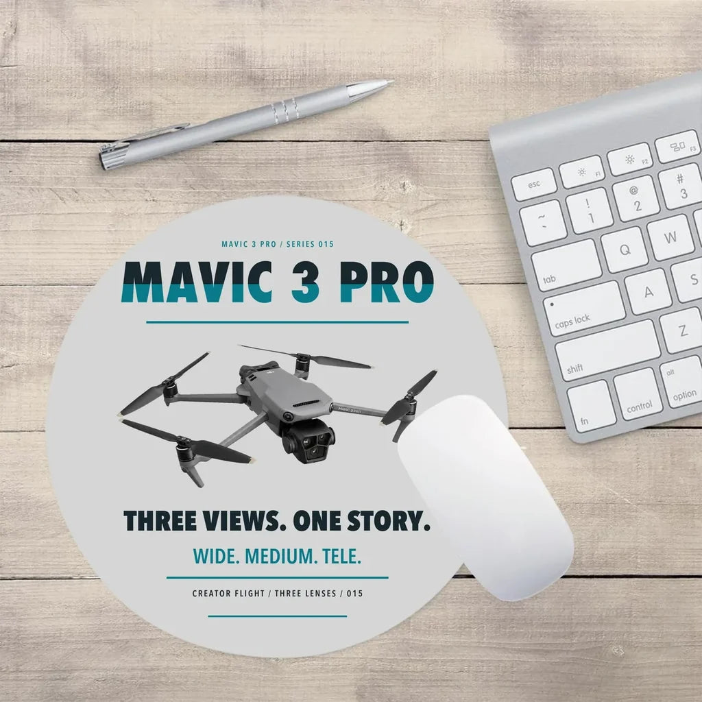 DJI Mavic 3 Pro design on light gray round mouse pad
