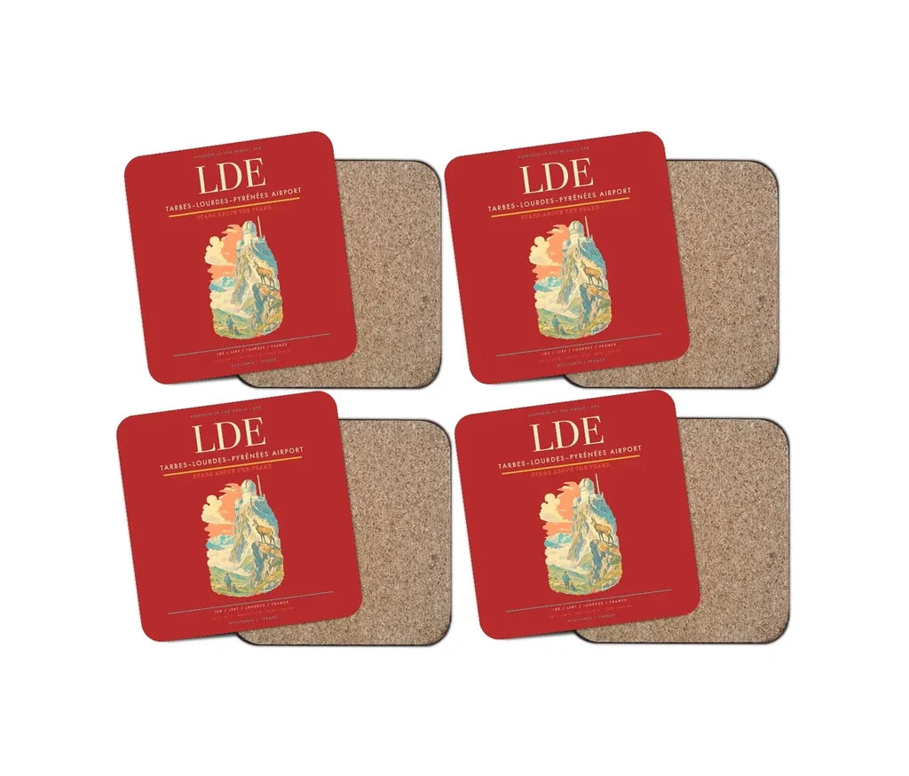 Tarbes–Lourdes–Pyrénées Airport (LDE) design on red 4 pieces set coaster