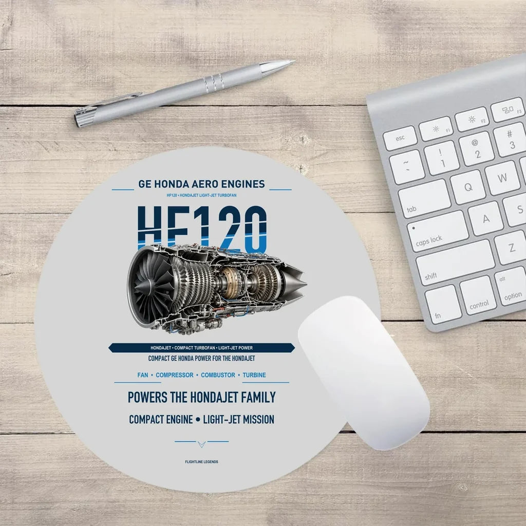 HF120 design on light gray round mouse pad