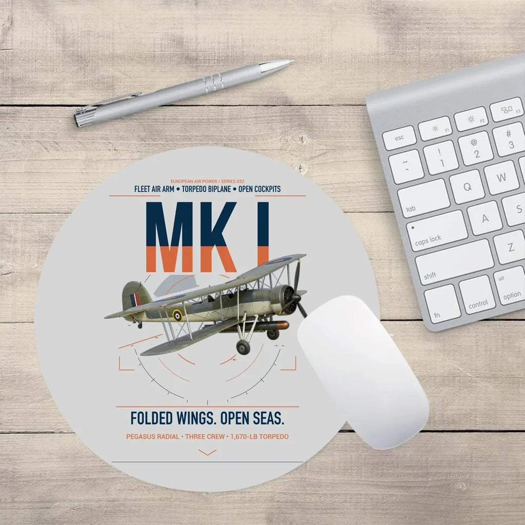 Fairey Swordfish Mk I design on light gray round mouse pad
