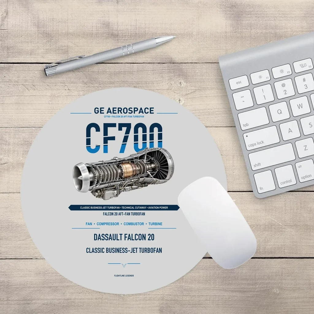 CF700 design on light gray round mouse pad