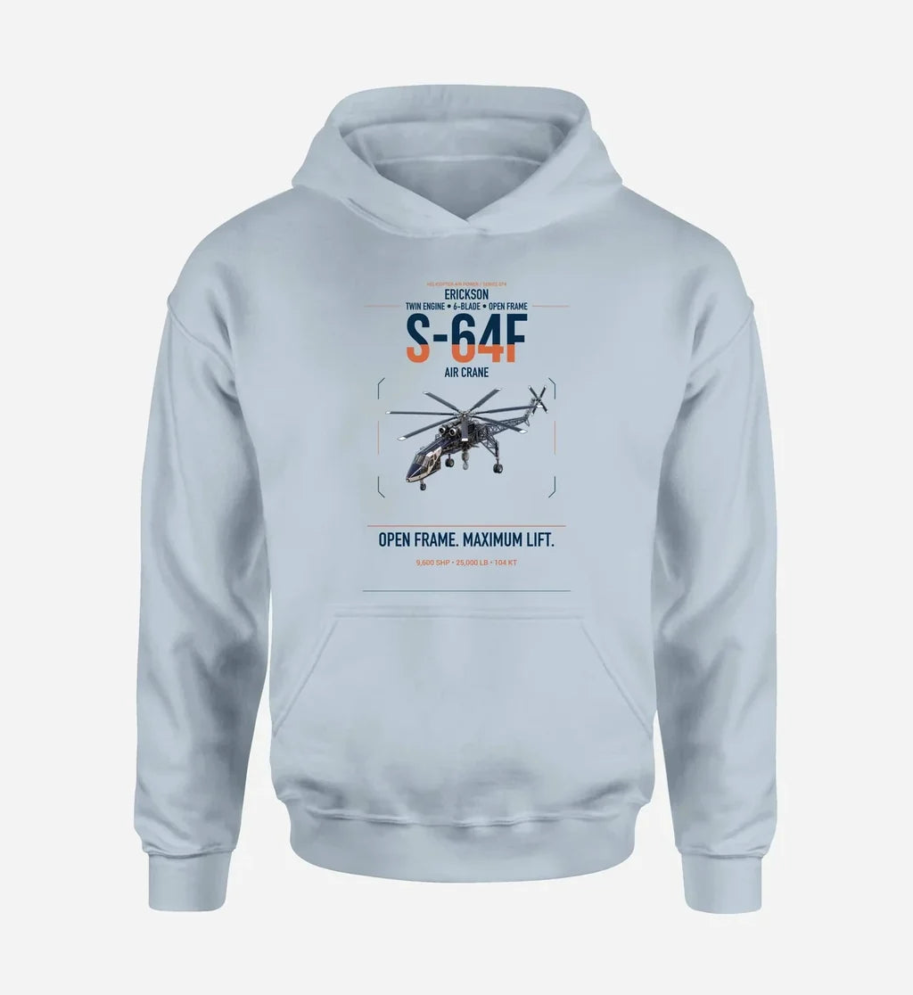 Erickson S-64F Air Crane design on light blue double-side hoodie, single-side print
