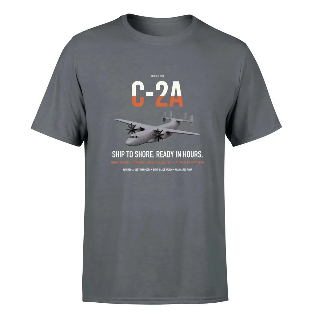 C-2A Greyhound design on gray double-side t-shirt, single-side print