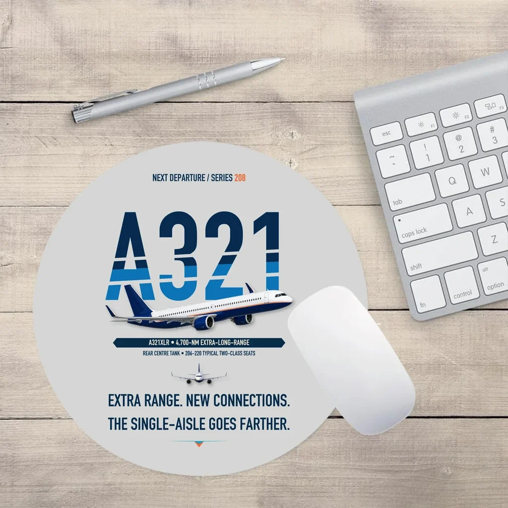 Airbus A321XLR design on light gray round mouse pad