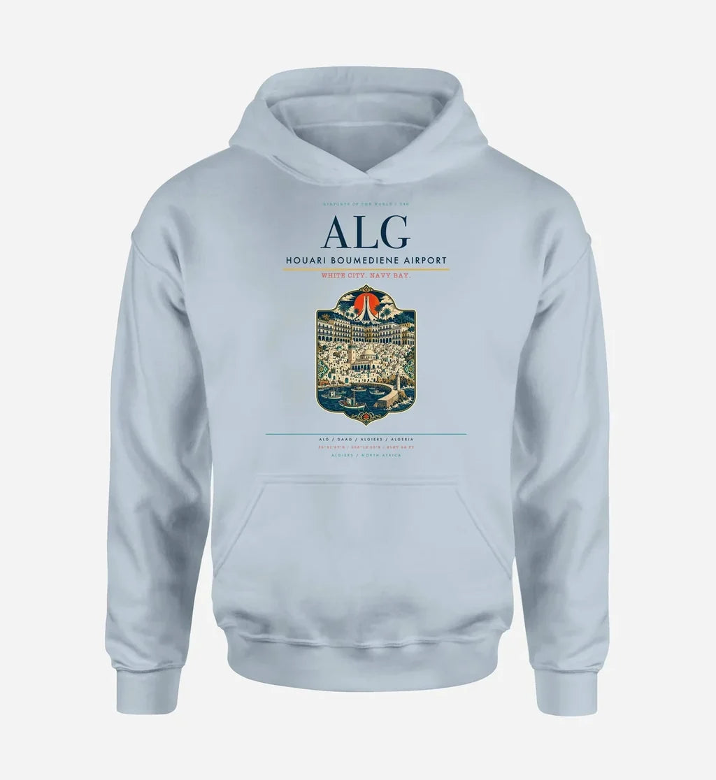 Houari Boumediene Airport (ALG) design on light blue hoodie single-side print