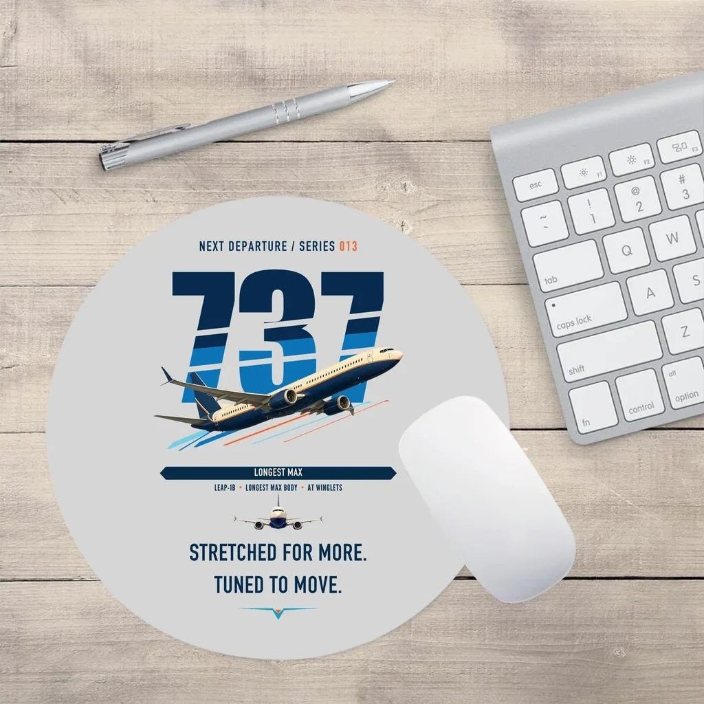 Boeing 737 MAX 10 design on light gray round mouse pad