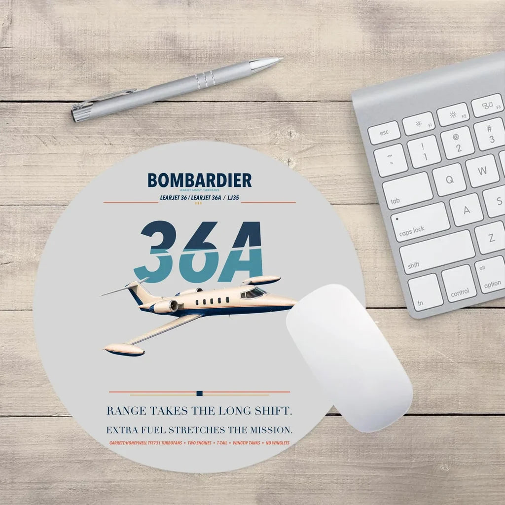 Bombardier Learjet 36A design on light gray round mouse pad