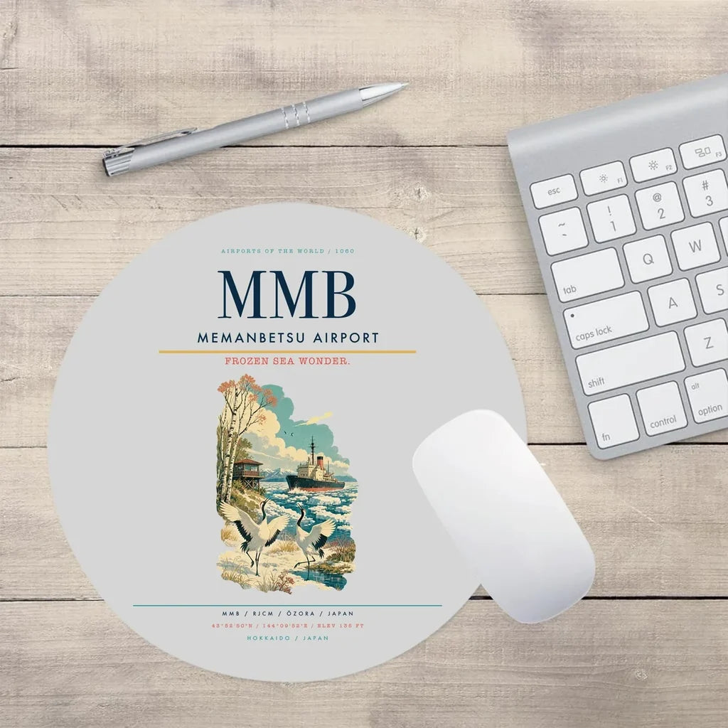 Memanbetsu Airport (MMB) design on light gray round mouse pad