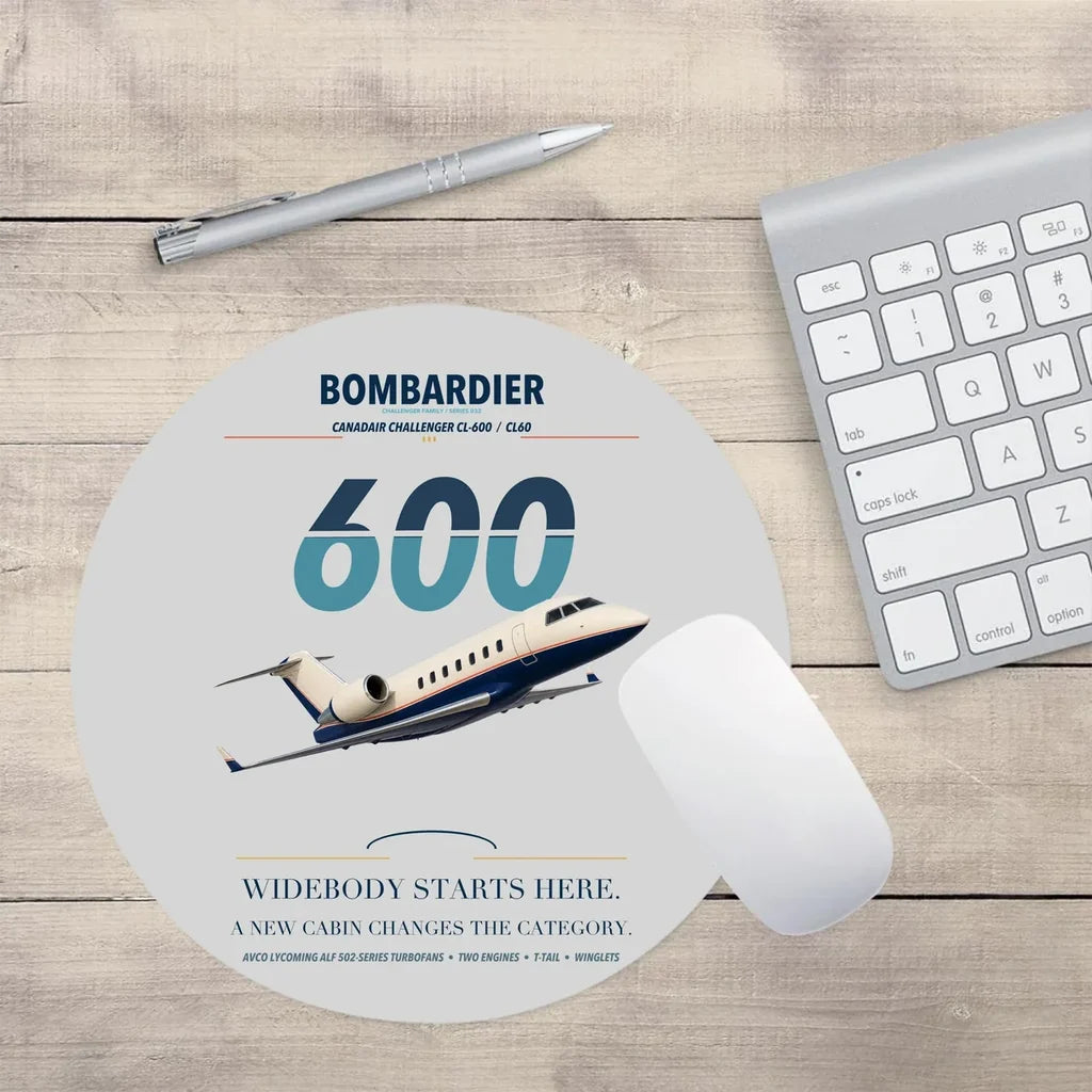 Bombardier Challenger 600 design on light gray round mouse pad