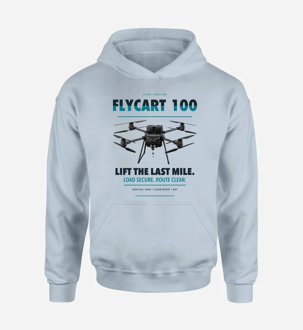 DJI FlyCart 100 design on light blue hoodie single side