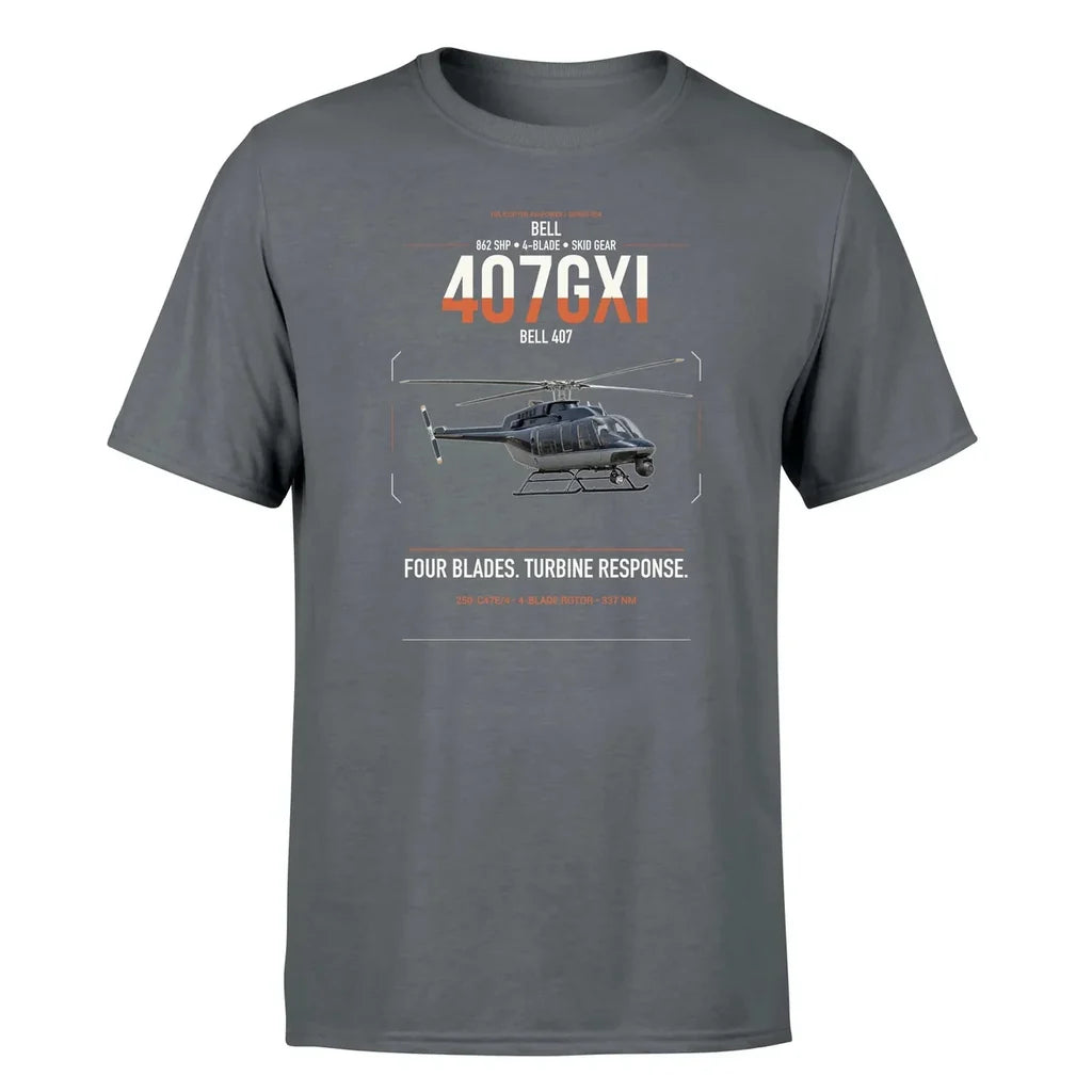 Bell 407GXi design on gray t-shirt, single-side print