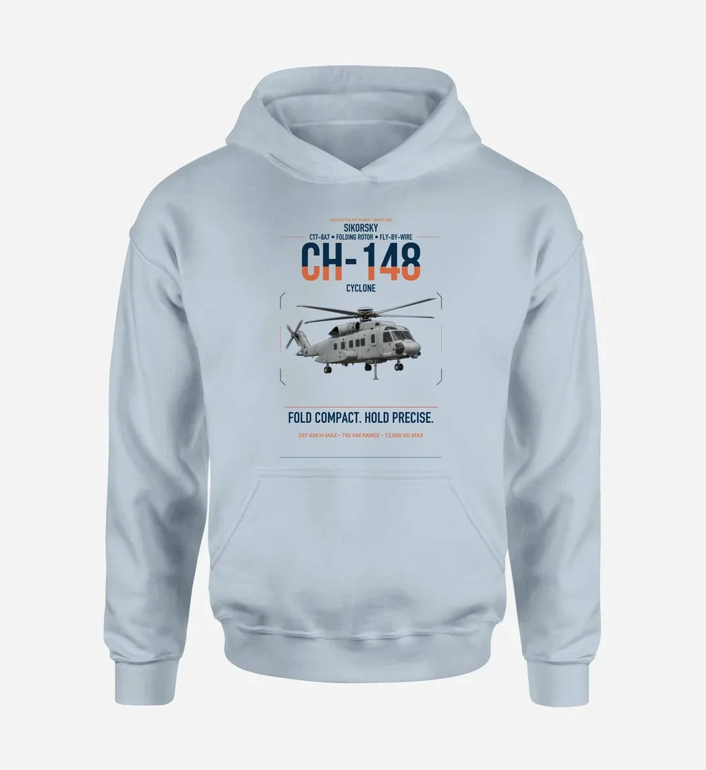 Sikorsky CH-148 Cyclone design on light blue double-side hoodie, single-side print