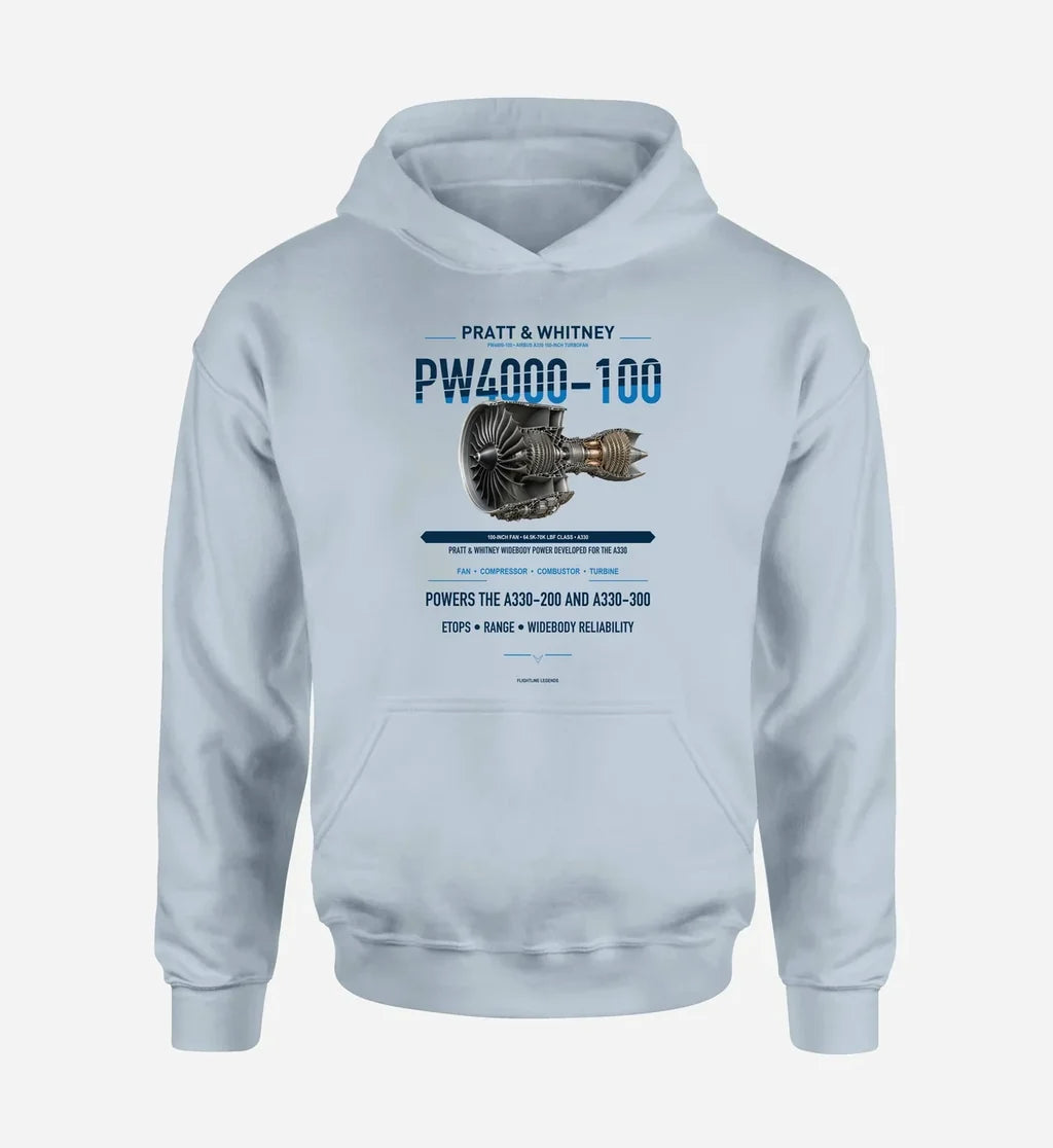 PW4000-100 design on light blue hoodie single side