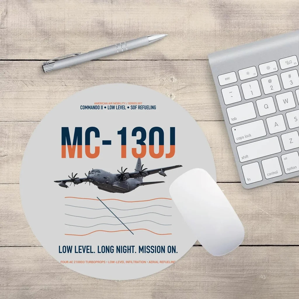 MC-130J COMMANDO II design on light gray round mouse pad