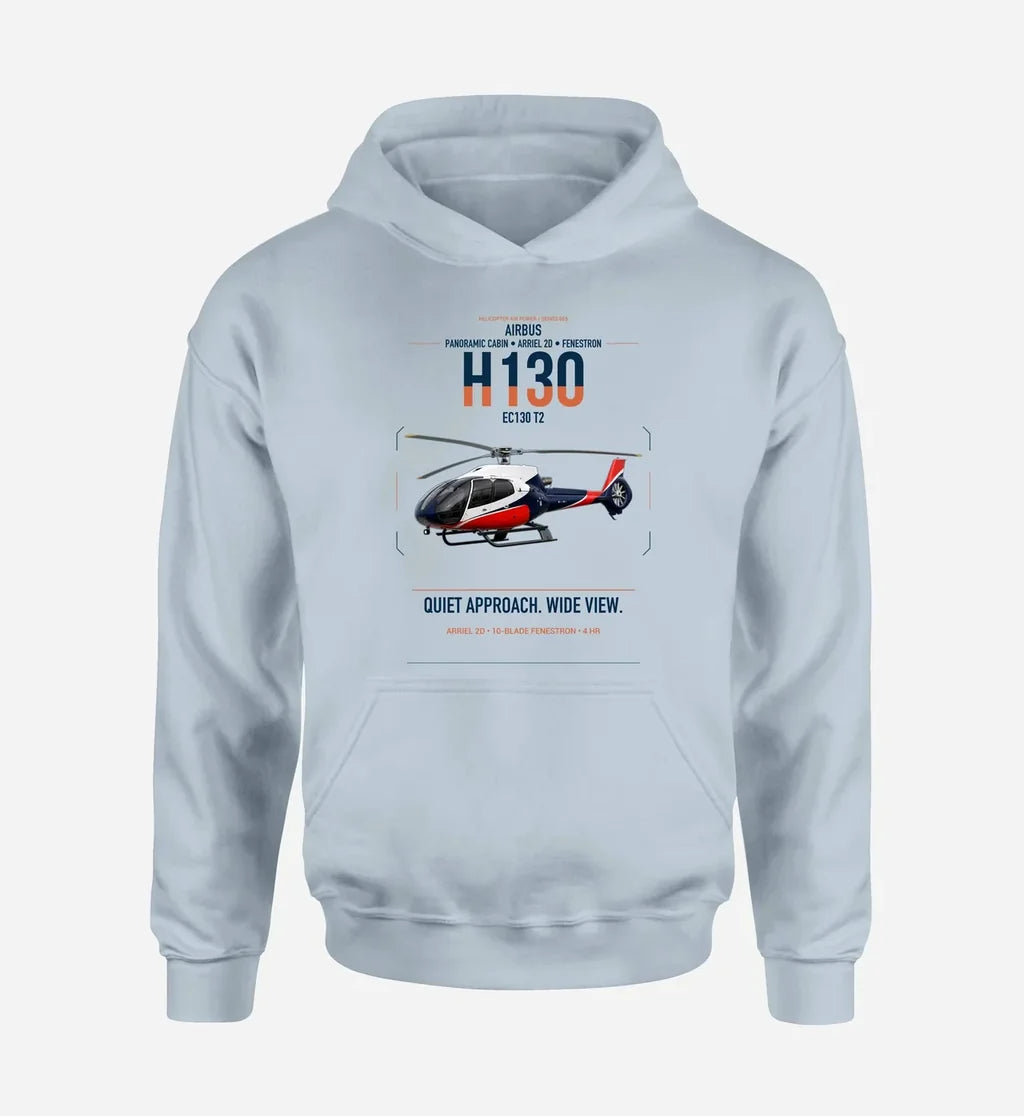 Airbus H130 design on light blue double-side hoodie, single-side print