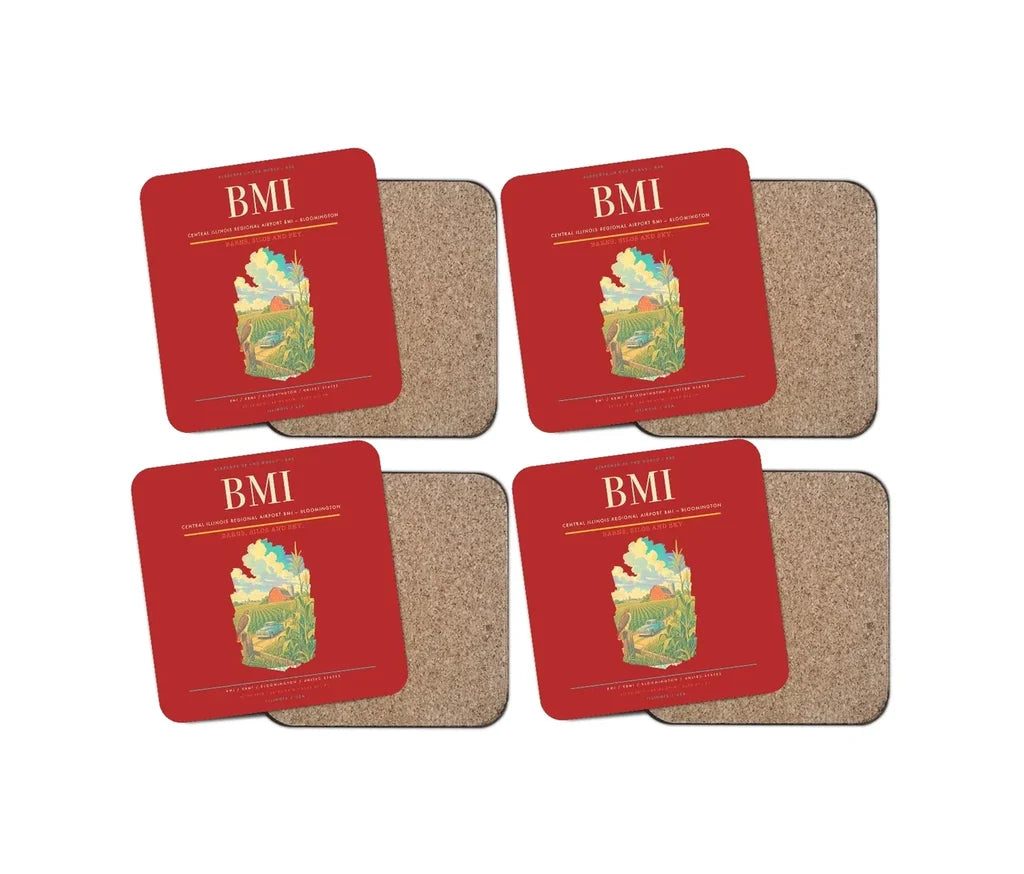 Central Illinois Regional Airport (BMI) design on red 4 pieces set coaster
