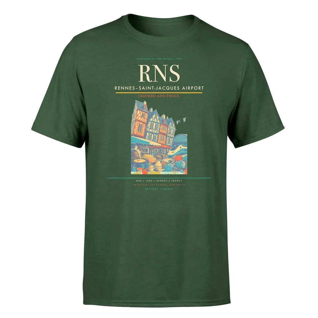 Rennes–Saint-Jacques Airport (RNS) T-Shirt single-side front print in Dark Green | rennessaint-jacques-airport-rns-double-side-t-shirt