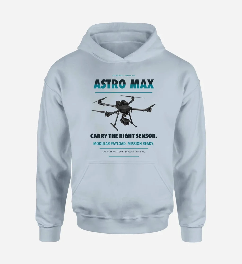 Freefly Astro Max design on light blue hoodie single side