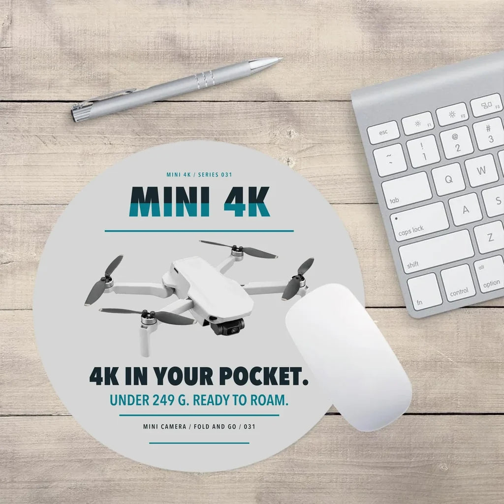 DJI Mini 4K design on light gray round mouse pad