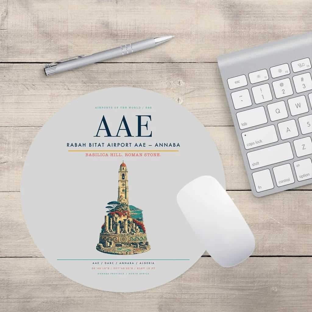 Rabah Bitat Airport (AAE) design on light gray round mouse pad