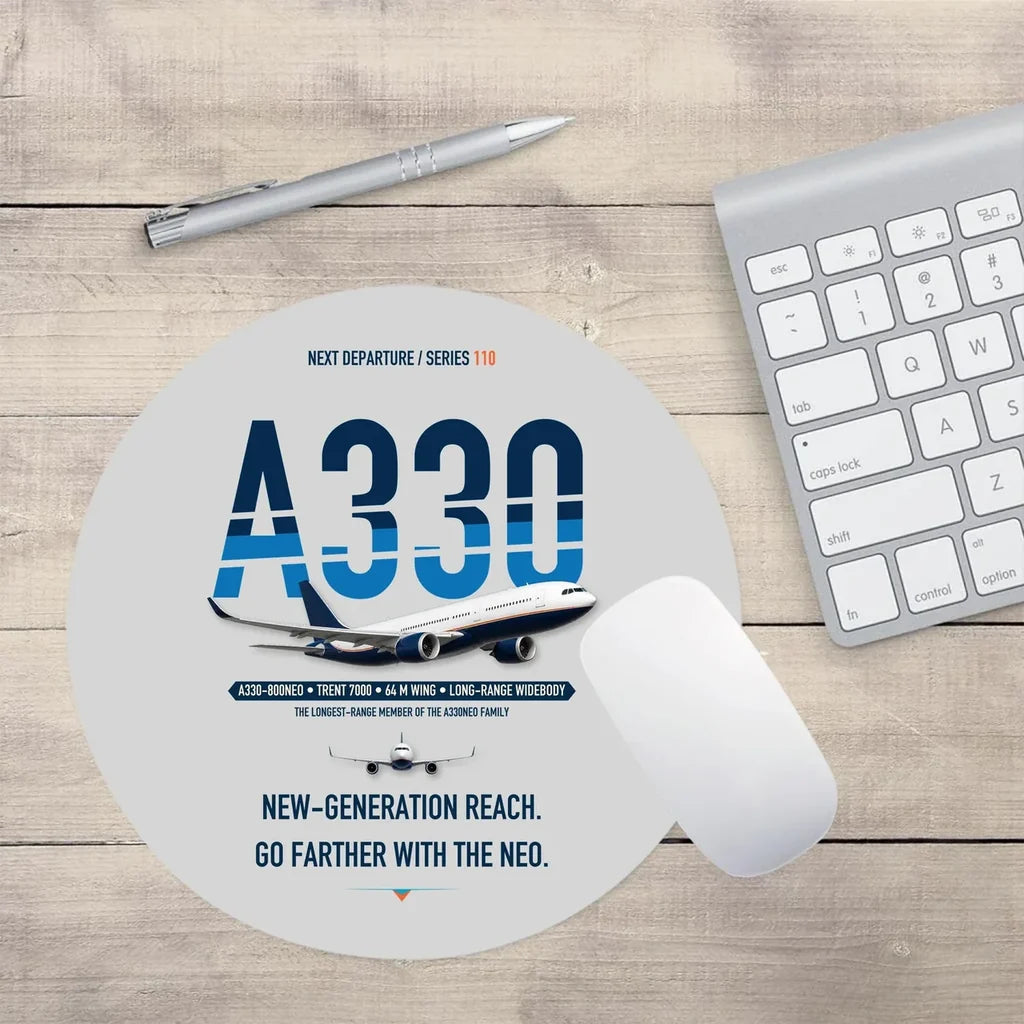 Airbus A330-800neo design on light gray round mouse pad