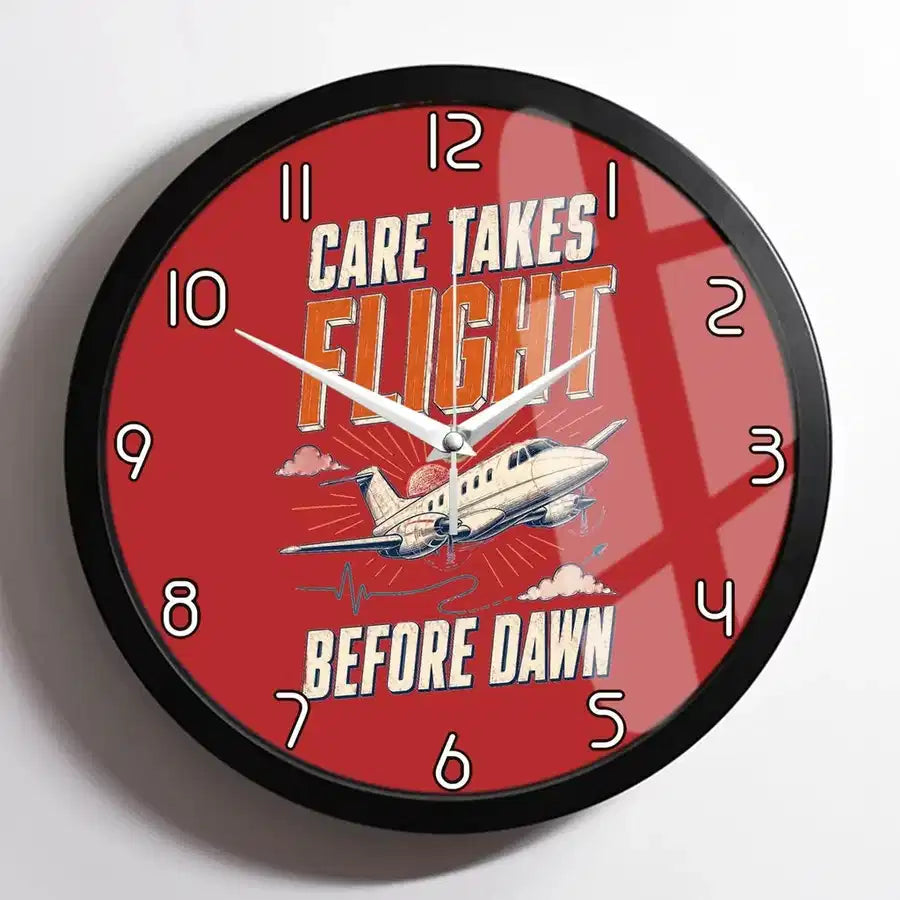Care Takes Flight Before Dawn design on red framed wall clock
