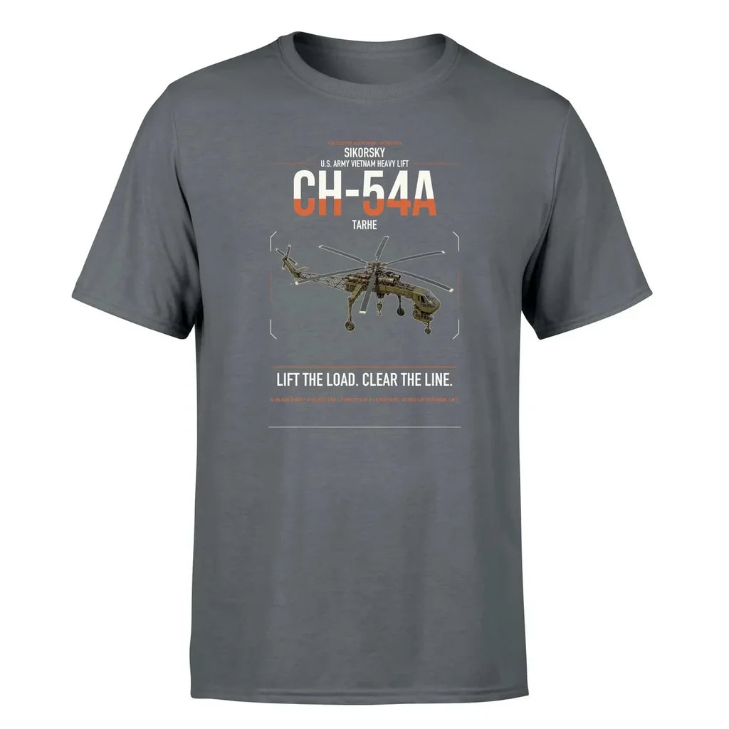 Sikorsky CH-54A Tarhe design on gray t-shirt, single-side print
