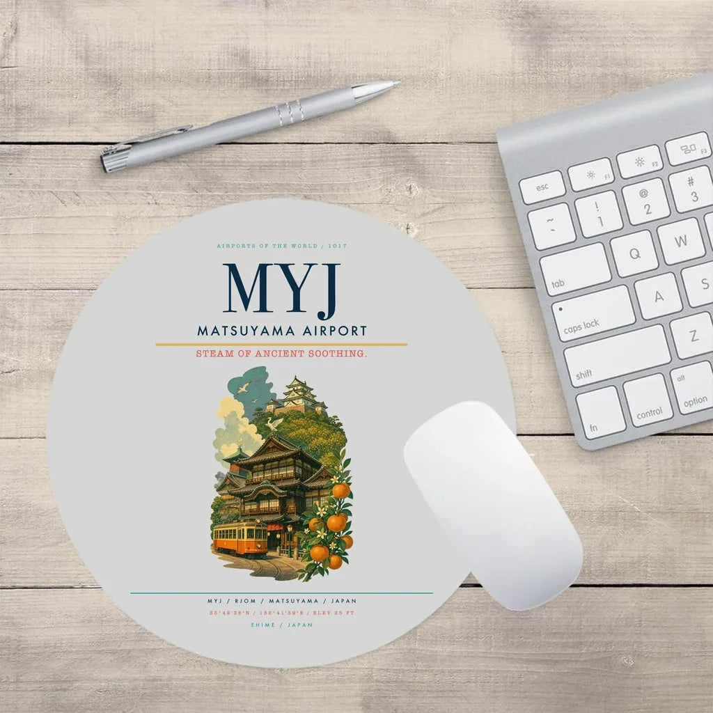 Matsuyama Airport (MYJ) design on light gray round mouse pad
