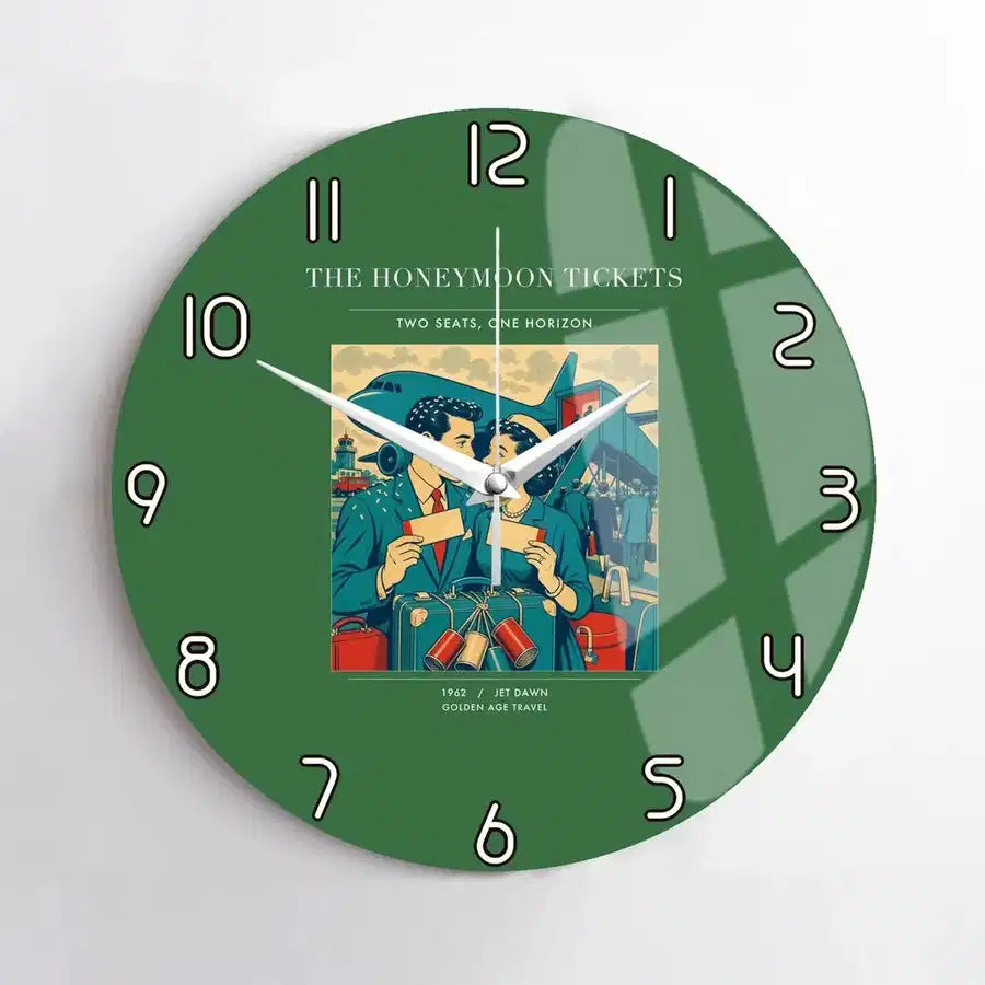 VINTAGE G4227 - The Honeymoon Tickets - Designed Wall Clocks design on green no-frame