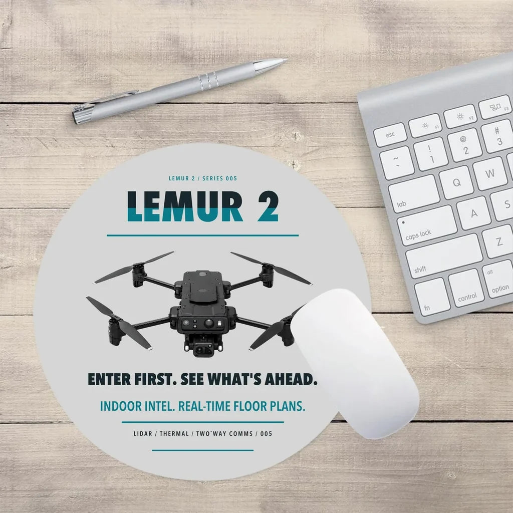 BRINC LEMUR 2 design on light gray round mouse pad