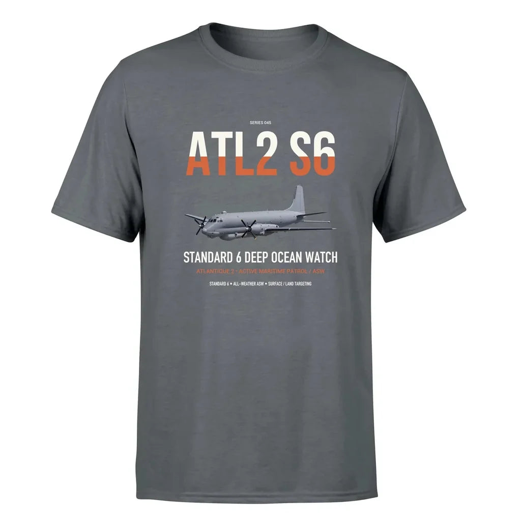 Atlantique 2 Standard 6 design on gray double-side t-shirt, single-side print