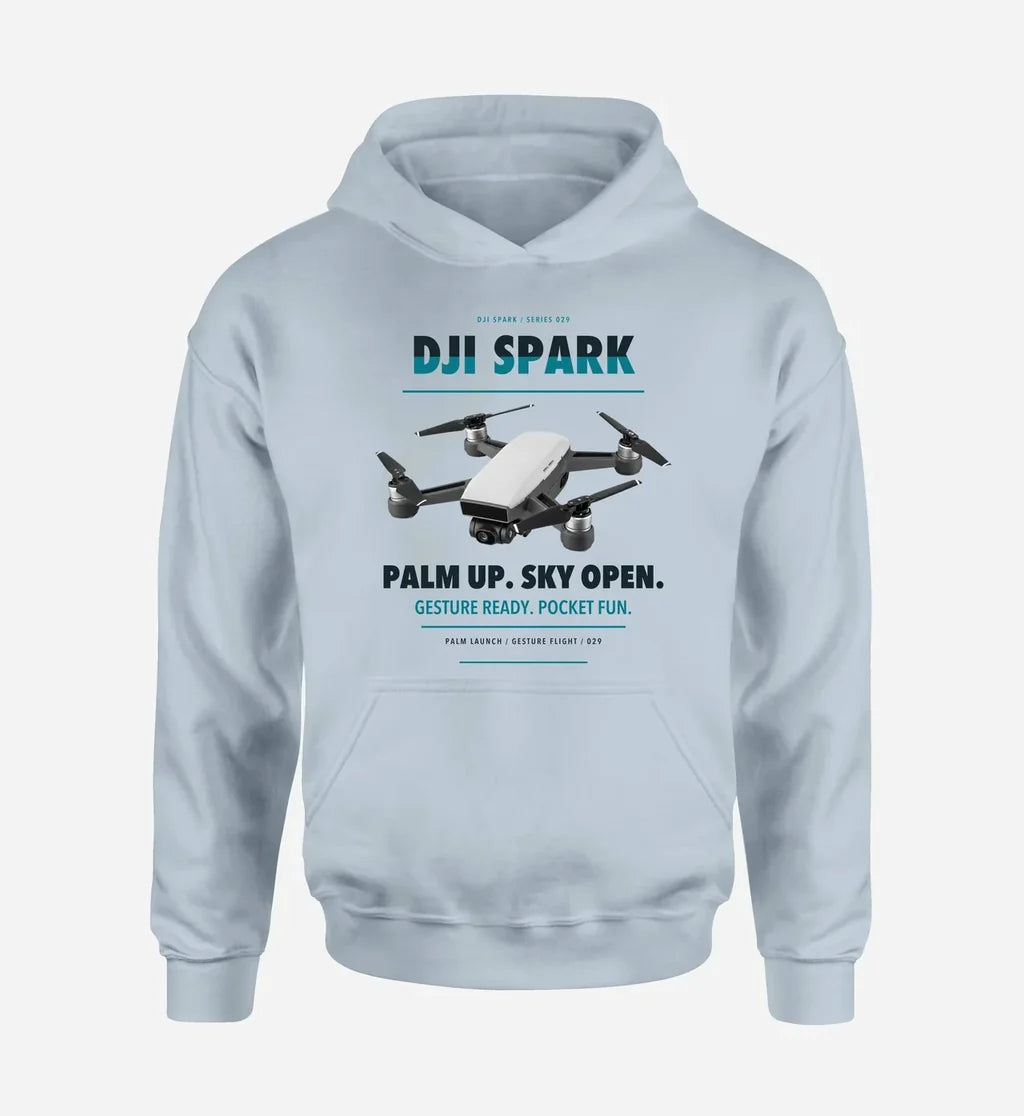 DJI Spark design on light blue hoodie single side
