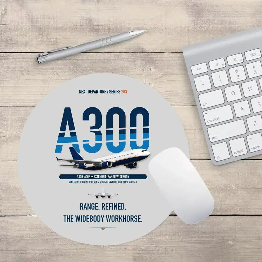 Airbus A300-600R design on light gray round mouse pad