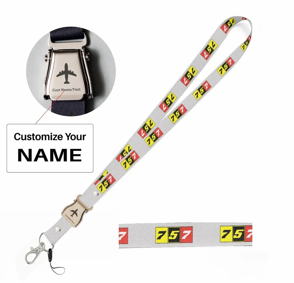 Flat Colourful 757 seat belt lanyard - white with name
