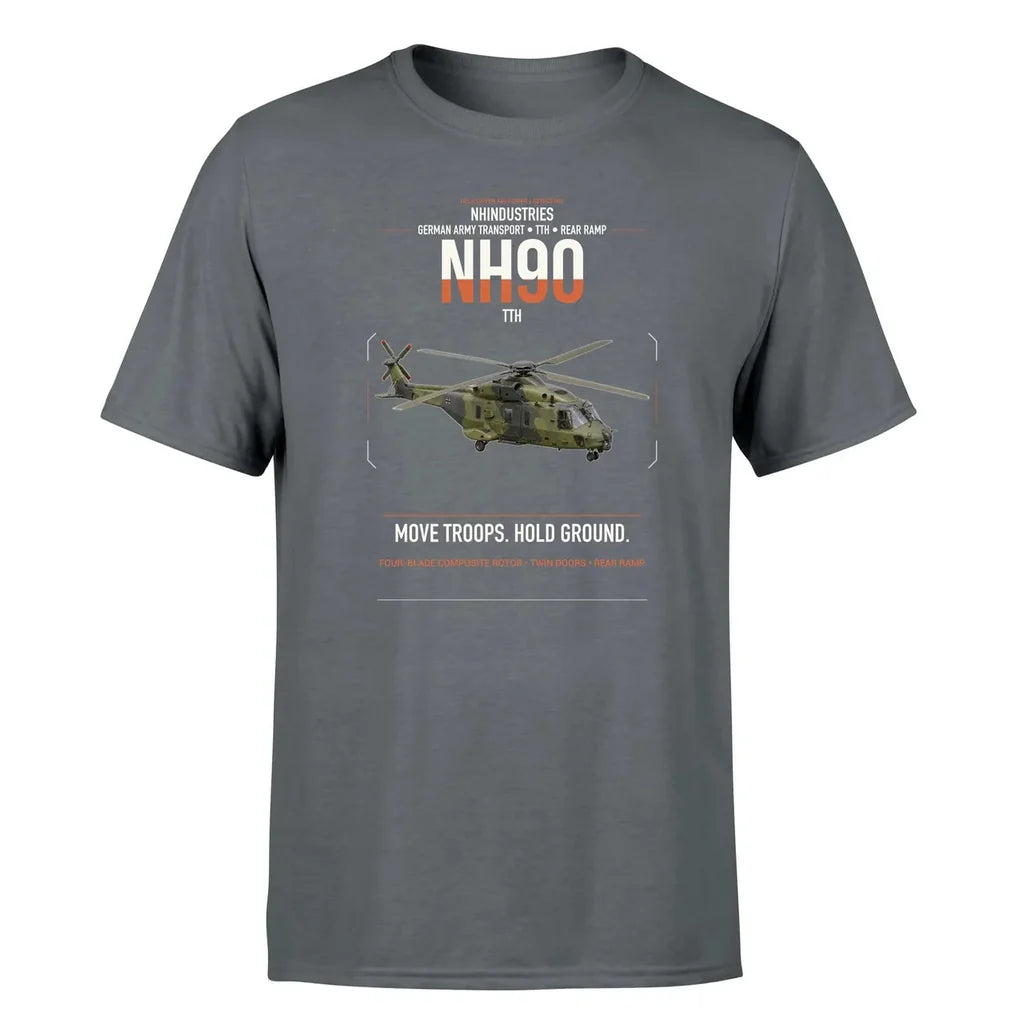 NHIndustries NH90 TTH design on gray t-shirt, single-side print