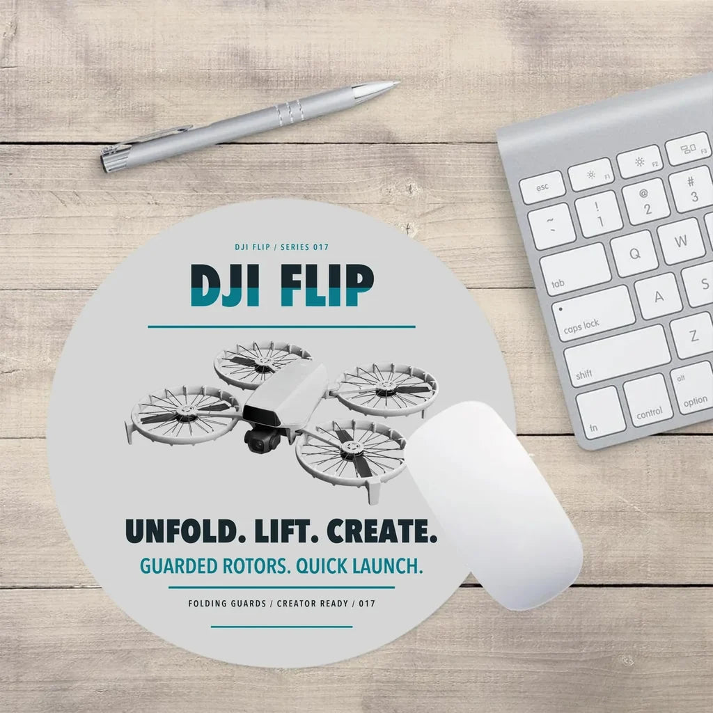 DJI Flip design on light gray round mouse pad