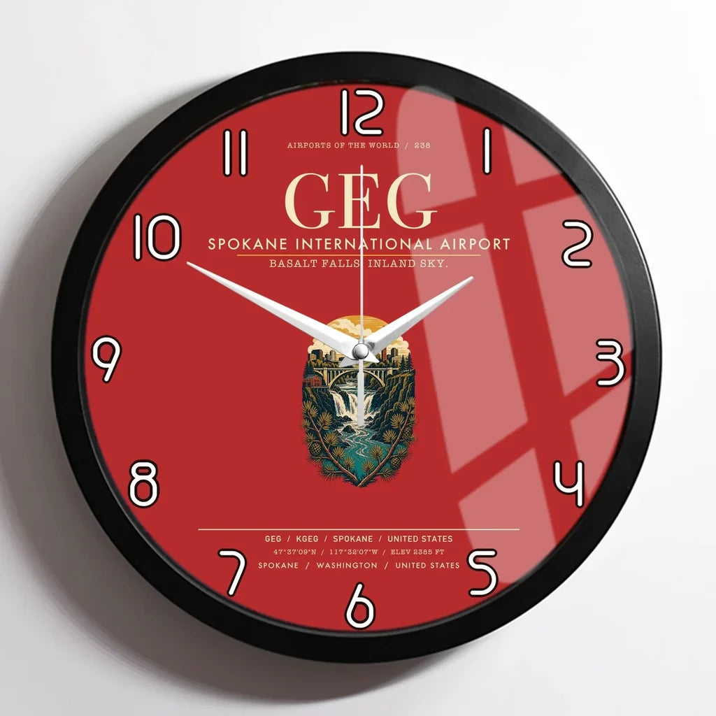 Spokane International Airport (GEG) design on red framed wall clock
