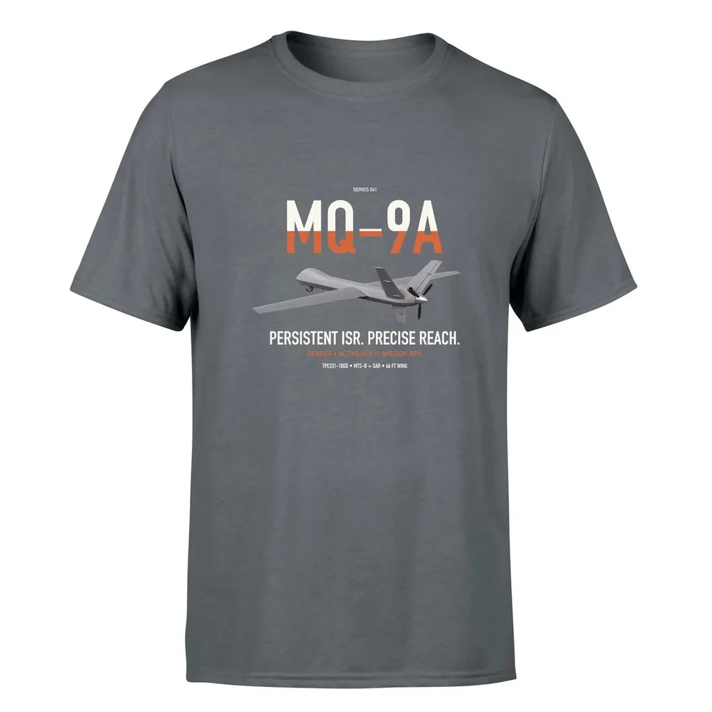 MQ-9A Reaper design on gray double-side t-shirt, single-side print