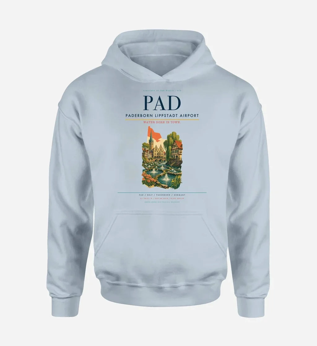 Paderborn Lippstadt Airport (PAD) design on light blue hoodie single-side print