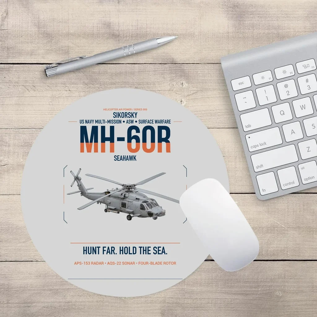 Sikorsky MH-60R Seahawk design on light gray round mouse pad