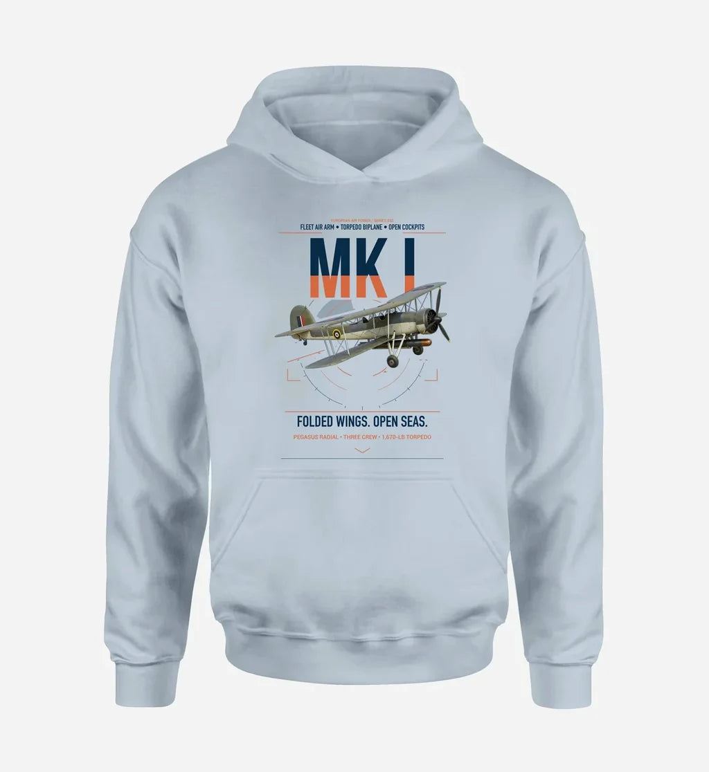 Fairey Swordfish Mk I design on light blue double-side hoodie, single-side print