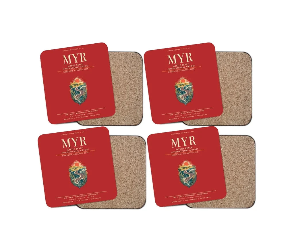 Myrtle Beach International Airport (MYR) design on red 4 pieces set coaster