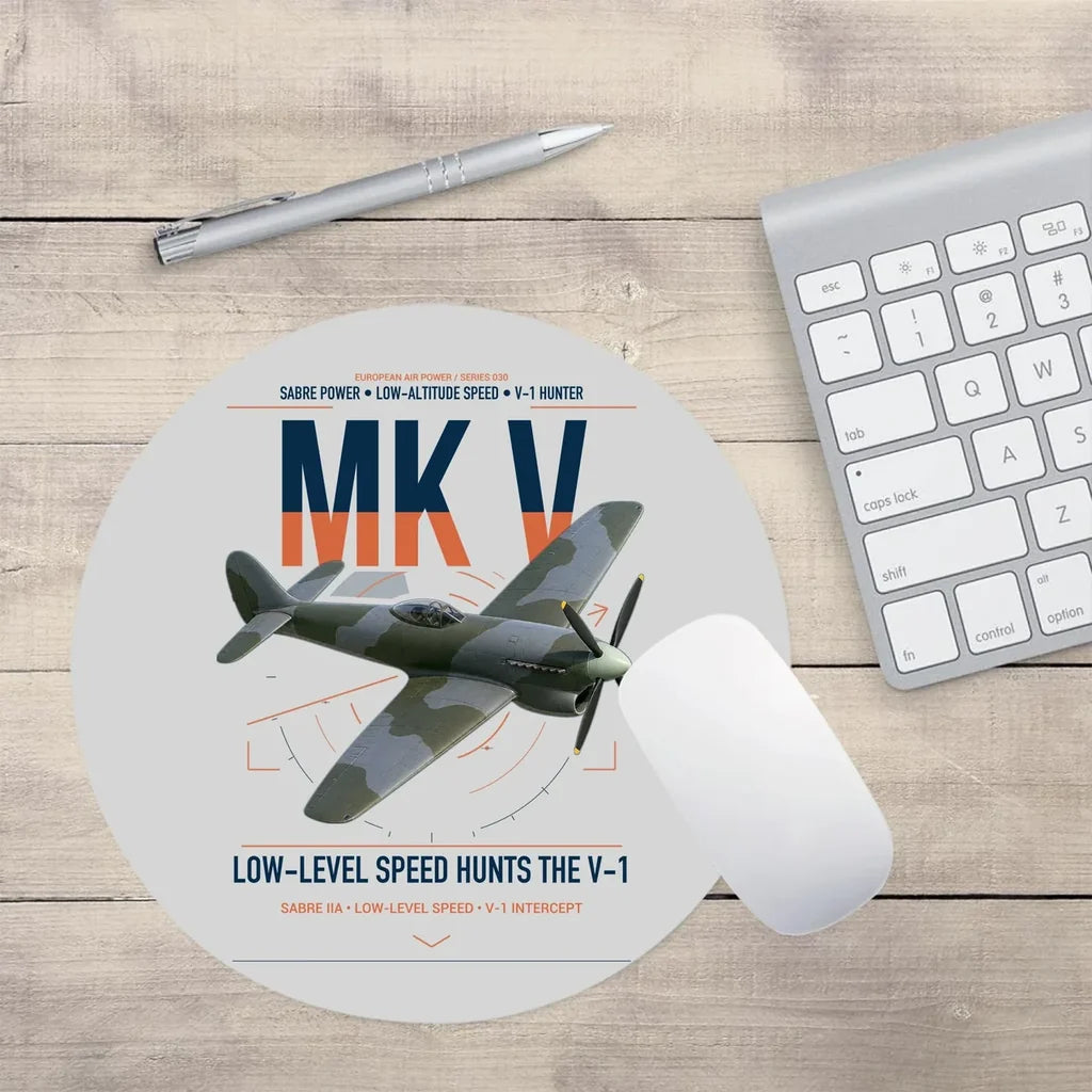 Hawker Tempest Mk V design on light gray round mouse pad