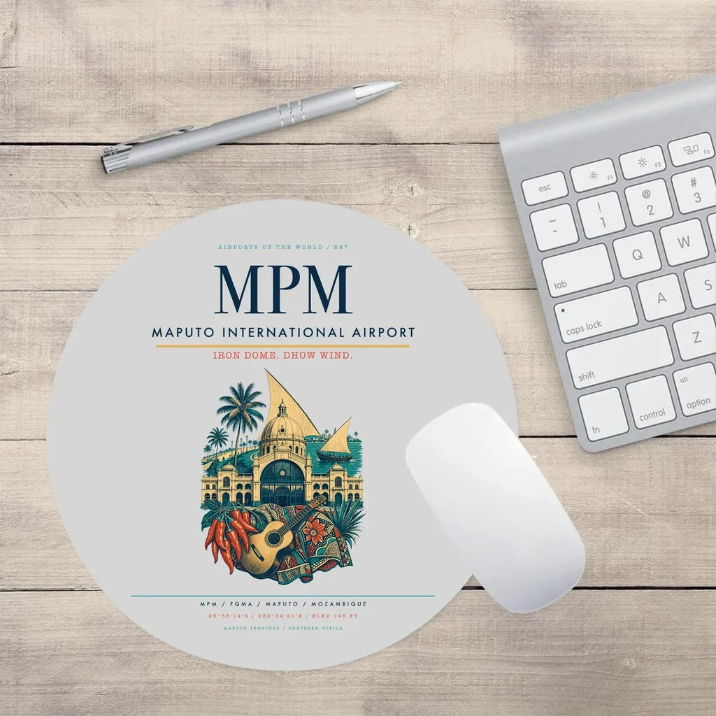 Maputo International Airport (MPM) design on light gray round mouse pad