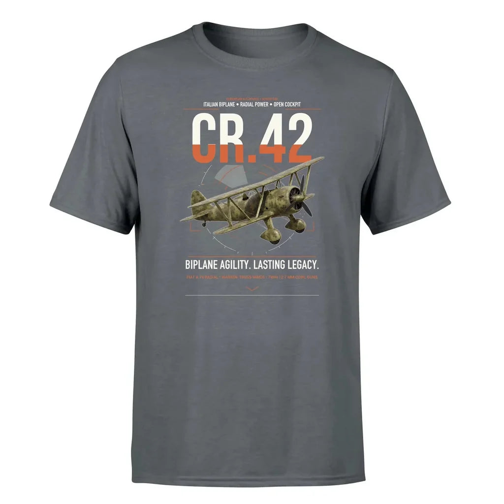 Fiat CR.42 Falco design on gray t-shirt, single-side print