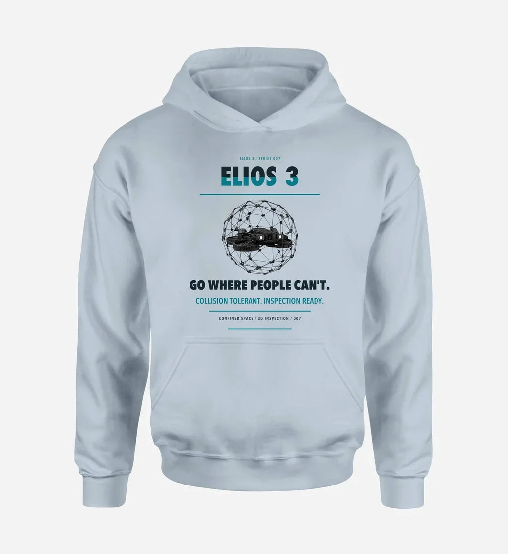 Flyability Elios 3 design on light blue hoodie single side