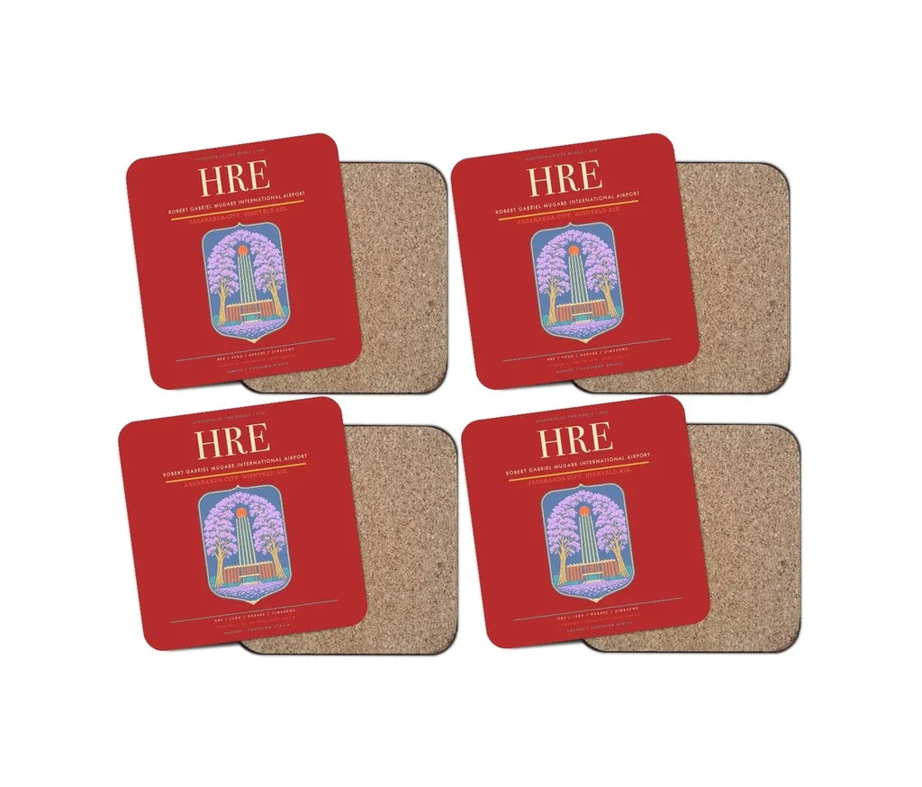 Robert Gabriel Mugabe International Airport (HRE) design on red 4 pieces set coaster
