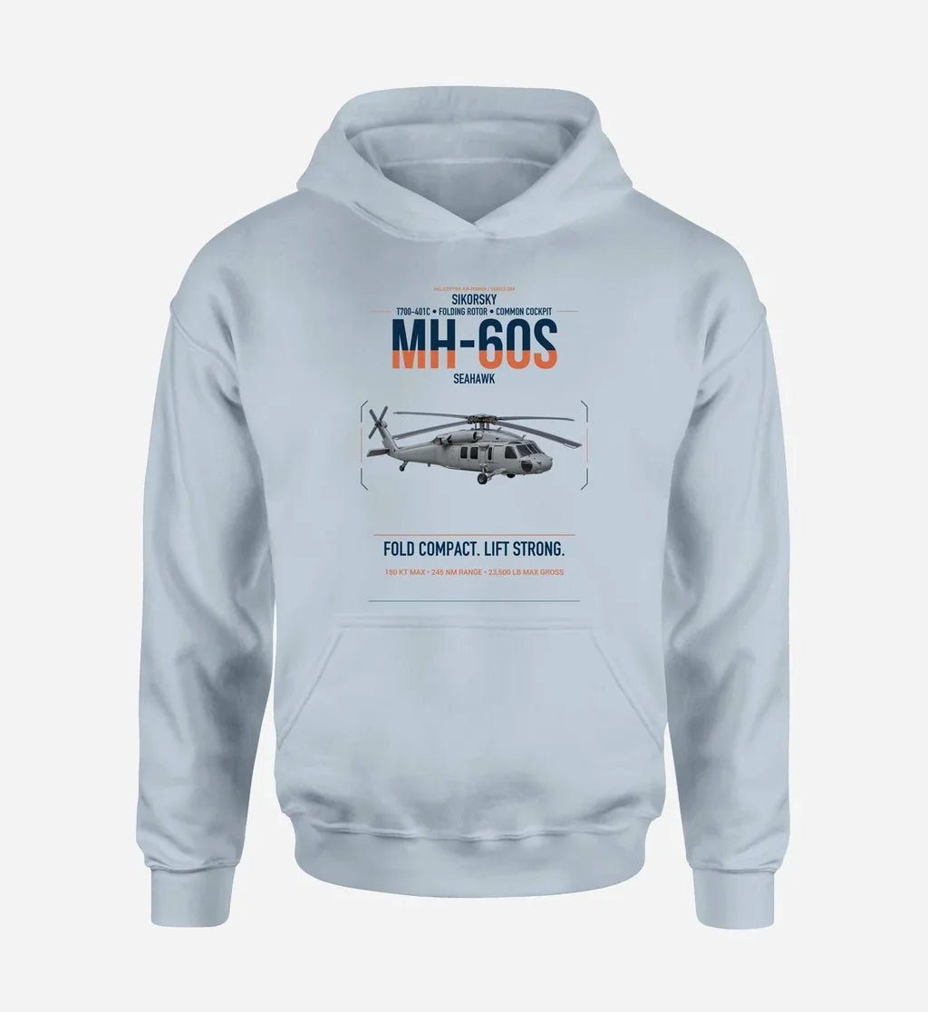 Sikorsky MH-60S Seahawk design on light blue double-side hoodie, single-side print